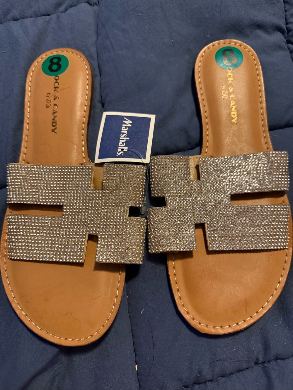 Rock & Candy Tan Slide Sandals with Sparkling Silver Straps